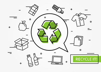 Recycle it vector illustration. Recyclable things: clothes, lamp, cardboard box, electronics, bottles, food, paper, etc.
