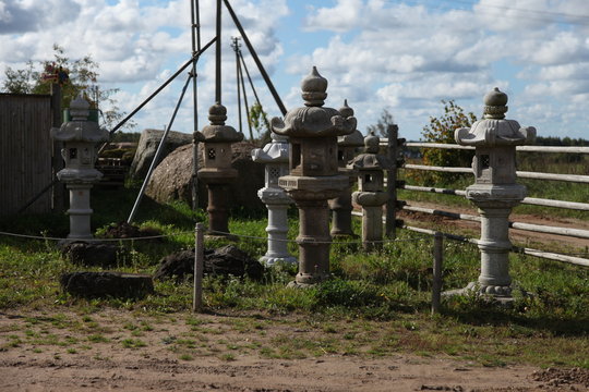 Japanese  garden, lanterns. Japanese rock garden