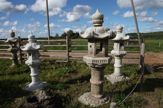 Japanese garden, lanterns. Japanese rock garden