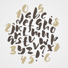 Hand drawn font made by dry brush strokes. Grunge style alphabet