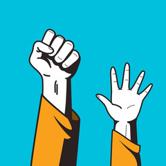 fist hand up, comics style vector illustration, isolated on blue sky background