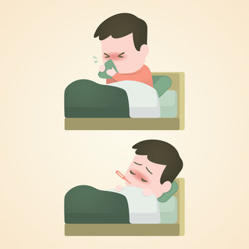 Sick child boy lying in bed with a thermometer in mouth and sneeze with fever, vector illustration