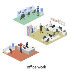 Isometric flat 3D concept vector design interior office set with workers and support hotline