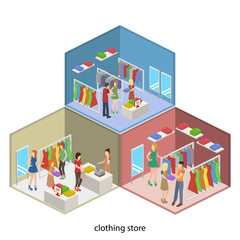 Isometric 3D vector illustration interior design customers in a clothing store