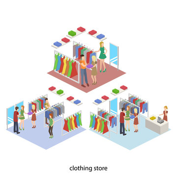 Isometric 3D Vector Illustration Interior Design Customers In A Clothing Store