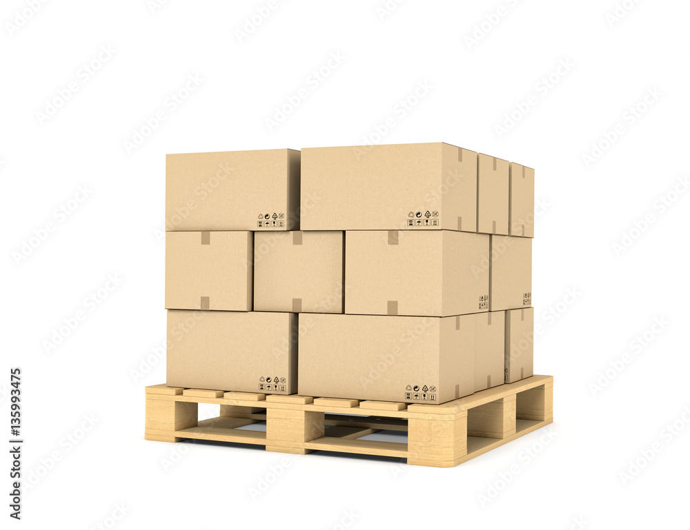 Poster rendering of several carton boxes stacked evenly on a double-decked pallet