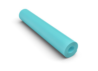 Rendering of blue rolled up yoga mat on white background.