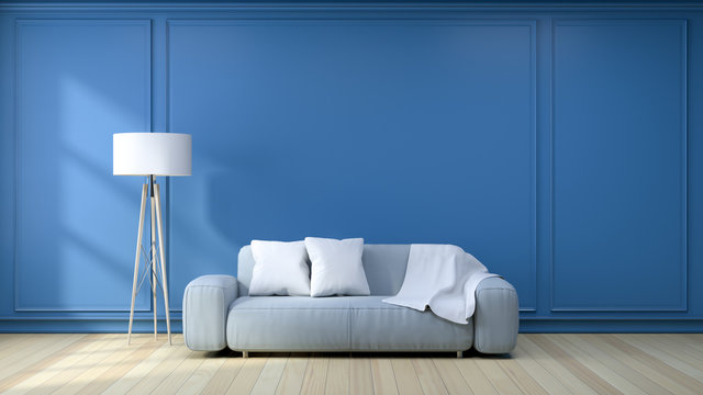 Minimalist  interior design,light gray sofa with white lamp on blue frame wall and hardwood flooring , 3d render