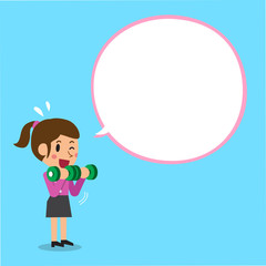 Cartoon businesswoman doing dumbbell bicep curls training with white speech bubble