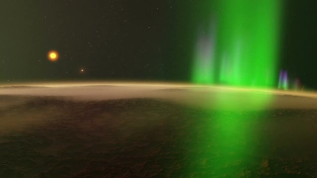 CG timelapse animation trip through the Northern Lights of a rocky exoplanet
