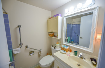 Bright, clean, neat & tidy, decorated senior's bathroom, complete with safety assist handle  bars, medicine cabinet, shower space & lavatory with vanity.  Bright compact florescent lighting.

