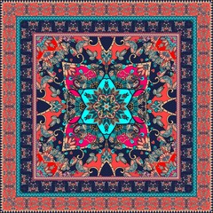 Woolen rug. Oriental scarf with ornamental border. Lovely tablecloth. Carpet. Ethnic bandana print. Pillowcase. Print for fabric. Ceramic tile. Kerchief square design pattern.