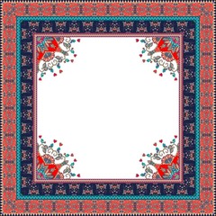 Wedding invitation. Ornamental frame. Ethnic motives. Lovely tablecloth. Bandana print. Scarf. Packaging. Oriental rug.  Space for text.