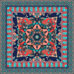 Fashionable scarf with ornamental border. Lovely tablecloth. Carpet. Ethnic bandana print. Pillowcase. Print for fabric. Ceramic tile. Kerchief square design pattern. Indian rug.