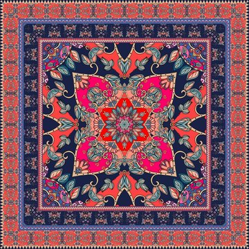 Indian rug. Oriental scarf with ornamental border. Lovely tablecloth. Carpet. Ethnic bandana print. Pillowcase. Print for fabric. Ceramic tile. Kerchief square design pattern.