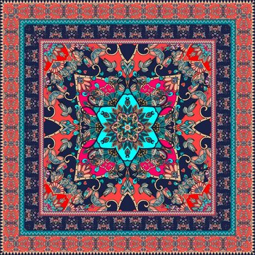 Woolen rug. Oriental scarf with ornamental border. Lovely tablecloth. Carpet. Ethnic bandana print. Pillowcase. Print for fabric. Ceramic tile. Kerchief square design pattern.