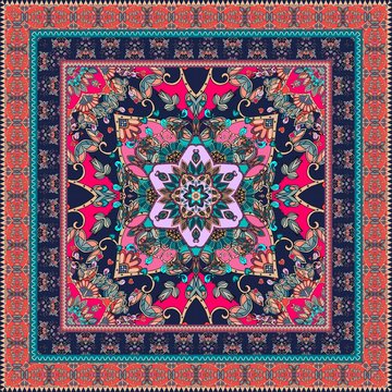 Oriental scarf with ornamental border. Lovely tablecloth. Carpet. Ethnic bandana print. Pillowcase. Print for fabric. Ceramic tile. Kerchief square design pattern. Indian rug.