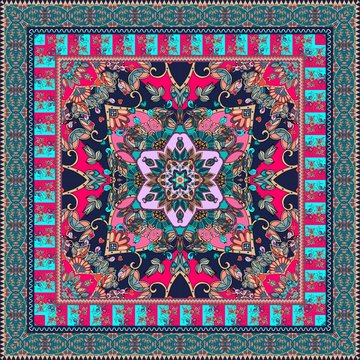 Oriental scarf with ornamental border. Lovely tablecloth. Carpet. Ethnic bandana print. Pillowcase. Print for fabric. Ceramic tile. Kerchief square design pattern. Persian rug.