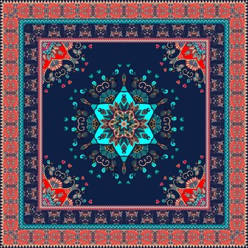 Oriental scarf with ornamental border, stylized star, birds and flowers. Lovely tablecloth. Carpet. Ethnic bandana print. Print for fabric. Ceramic tile. Kerchief square design pattern. Indian rug.