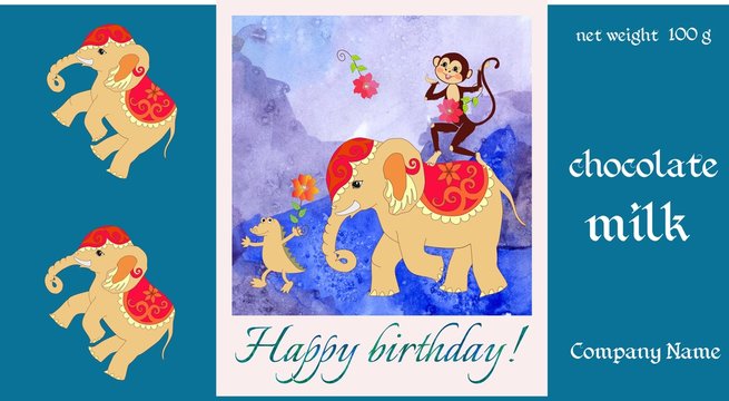 Happy birthday. Chocolate packaging with cute monkey, elephant and small crocodile on watercolor background. Cartoon illustration - 2 .