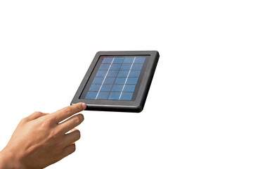 Male hand touching a solar cell panel frame as isolated background