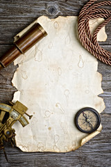 vintage still life with compass,sextant and spyglass