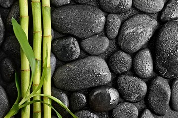 Obraz na płótnie Canvas zen basalt stones and bamboo leaves
