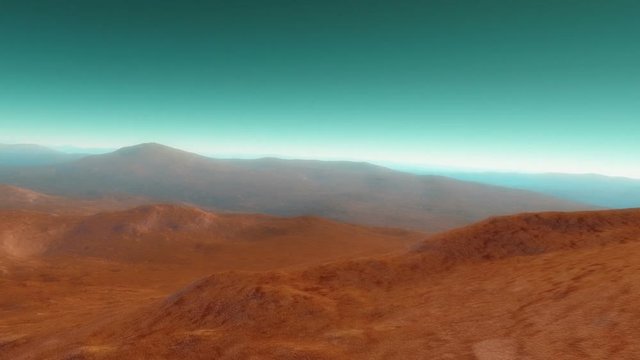 A fly-through animation showing a rocky deserted exoplanet with a natural satellite in the background during late afternoon
