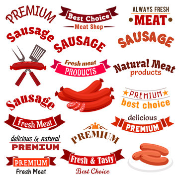 Meat sausage products vector icons, ribbons set