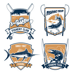Fishing trip and fisher club vector icons set