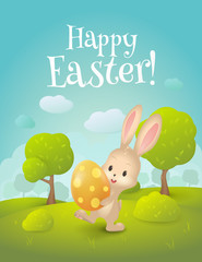 Vector greeting card with title “Happy Easter!”. Cartoon spring scene with cute bunny and egg in field. Holiday background with  trees, grass, bushes and place for text.