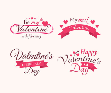 Vector set of badges and labels with title “Happy Valentine’s day”, “Be my Valentine” and “My sweet Valentine”. Decoration elements with holiday symbols (hearts, arrow and ribbon).