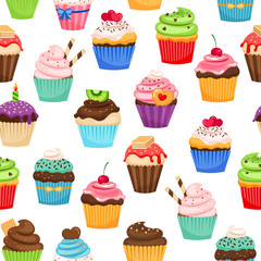 Chocolate cupcakes with pralines and cherry vector seamless pattern for holiday gift decoration