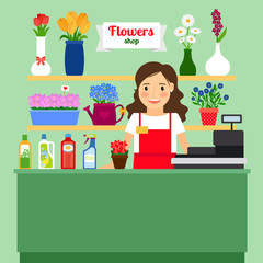 Flower shop vector illustration with sales lady cash register machine and different flowers in pots