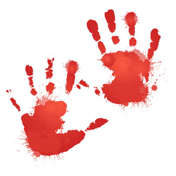 Red bloody hand prints with splashes. Vector element for your creativity