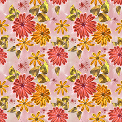 Seamless  floral pattern, orange, red flowers, green leaves on a light background.