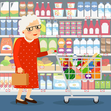 Grandmother Shopping Vector Illustration. Old Lady With Shopping Cart And The Store Shelves With Diary Products, Fruits And Household Chemicals