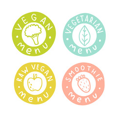 Vegan, vegetarian, raw smoothie menu badges. Vector hand drawn illustration