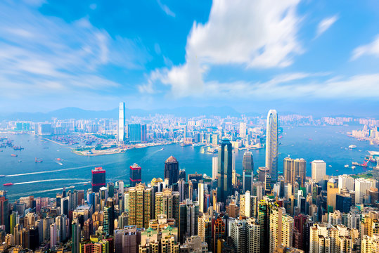 Hong Kong City skyline day time viewin from Victoria Peak.