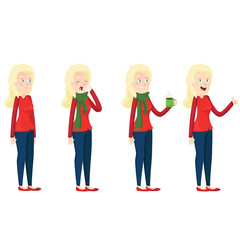 Fototapeta premium Stages of recovery from colds. Illustration of a sick young girl wearing a scarf.