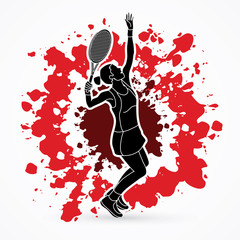 Obraz na płótnie Canvas Woman tennis player serve designed on splatter blood background graphic vector.