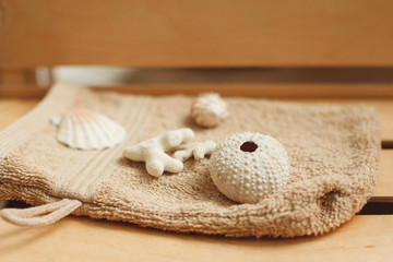 Shells for hot massage in spa salon close-up. Set of special seashells for warming and relaxing procedures. Health and body care, alternative medicine, treatment background concept
