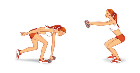 Exercises with dumbbells, Young woman doing exercises swings her arms and legs from a prone position on the balancing platform and balancing discs. On a white background