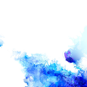 Abstract background with blue composition of watercolor blots and cyan butterfly.