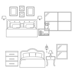Vector Illustration of a Bedroom with Window. Line Design Illustration.