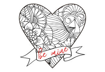 Vector doodle drawing of heart and ribbon with lettering.