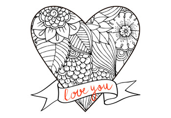 Vector doodle drawing of heart and ribbon with lettering.