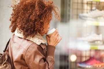 Shopping in the City. Enjoying Hot Drink.