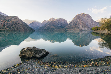 Iskanderkul mountain lake of glacial origin in Fann Mountains, Tajikistan, Sughd Province
