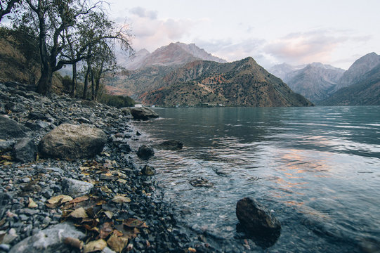 Iskanderkul mountain lake of glacial origin in Fann Mountains, Tajikistan, Sughd Province